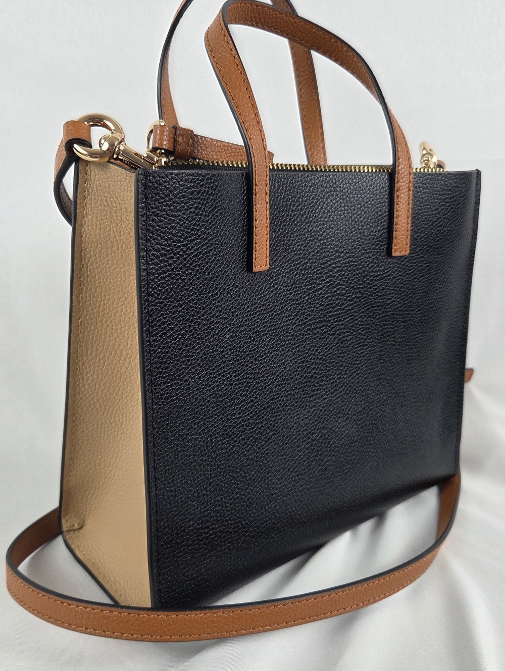 Marc Jacobs Black, White & Tan Pebbled Leather Satchel Tote Crossbody - Picture 2 of 10